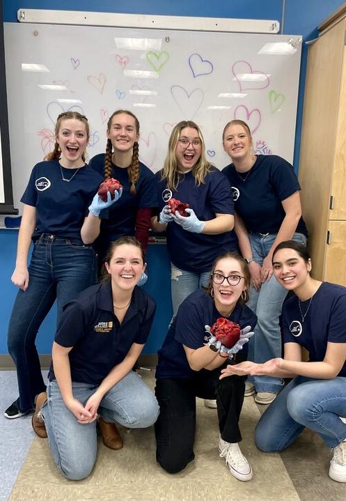 UHS students holding pig hearts.